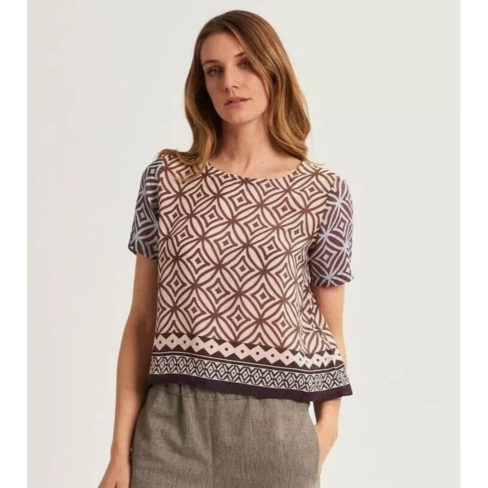 Alessia Santi Blouse Short Sleeves Top Geometric Dot Printed Italy S-40 278387